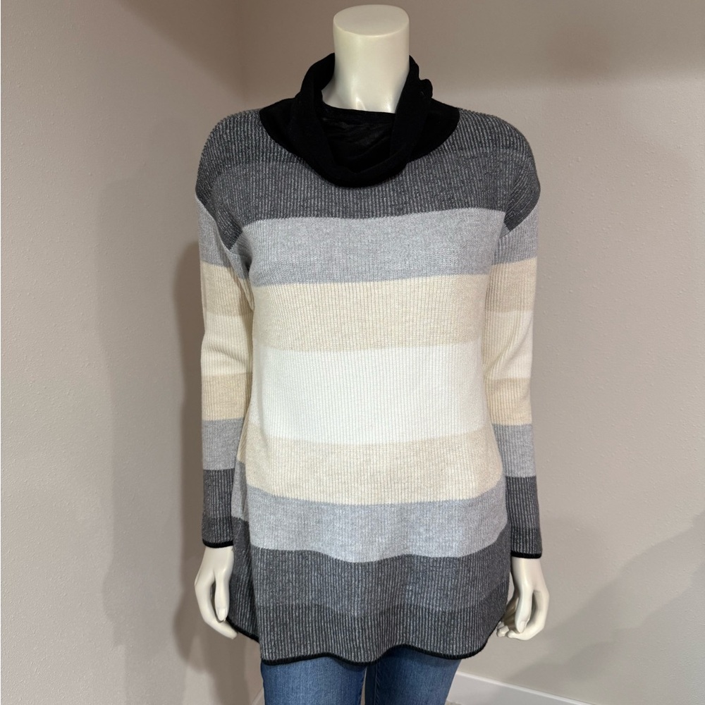 Talbots Black, Gray, and Cream Striped Turtleneck Sweater